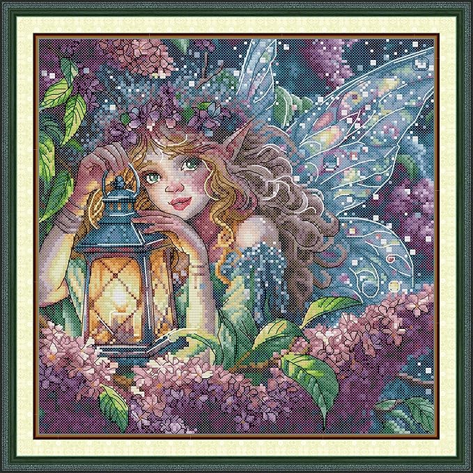 Threadhaven Cross-Stitch Kit 14CT Aida Counted Embroidery Complete Set with Fabric, Threads, Needles & Chart-Premium Beautiful Girls Design for Adults & Beginners- Lilac Spirit 13.4''×13.4''