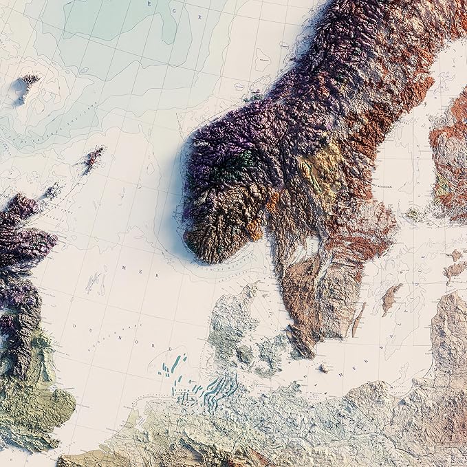 Muir Way Shaded Relief Elevation Map of Europe - Vintage-Style Topographic Wall Art with Map Look - Unframed Flat Paper Print, 36x30