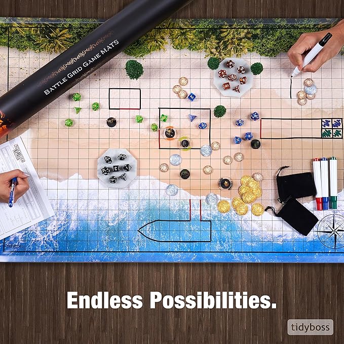 Tidyboss DND Expansion Pack | 3 X Double Sides 24x 36 Game Grid Mat | 6 Terrains with Lava, Sea, Forest, Cave, Swamp and Desert | Includes 2 x Dry Erase Markers, Eraser and Clips