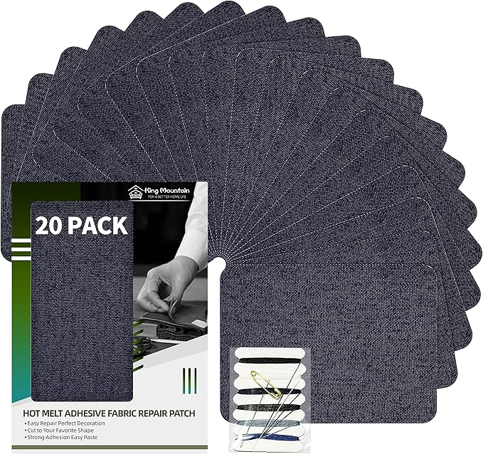 KING MOUNTAIN Iron-on Repair Patch 20 Pcs Pack,Denim Patches for Jeans Kit 3" by 4-1/4",100% Cotton Denim Iron-on Repair Patch, Jeans and Clothing Repair and Decoration Kit (Dark Blue)