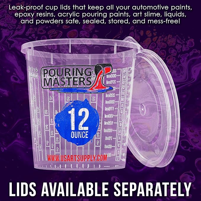 Pouring Masters 12 Ounce (350ml) Graduated Plastic Mixing Cups (Box of 20) - Paint Mixing Cups for Epoxy Resin, Art, Kitchen, Baking - Measurements in OZ and ML, 4 Different Measuring Ratios 1:1