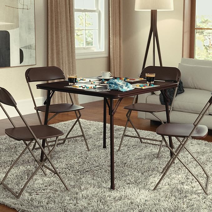 EMMA + OLIVER 33.5" Square Multipurpose Folding Card Table for 4 Players, Portable Square Folding Table with Padded Vinyl Top, Brown